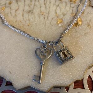Love Silver Tone Key and Lock Pendant Necklace